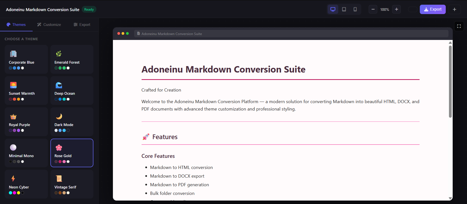 AI Markdown Workspace live preview interface showing markdown conversion